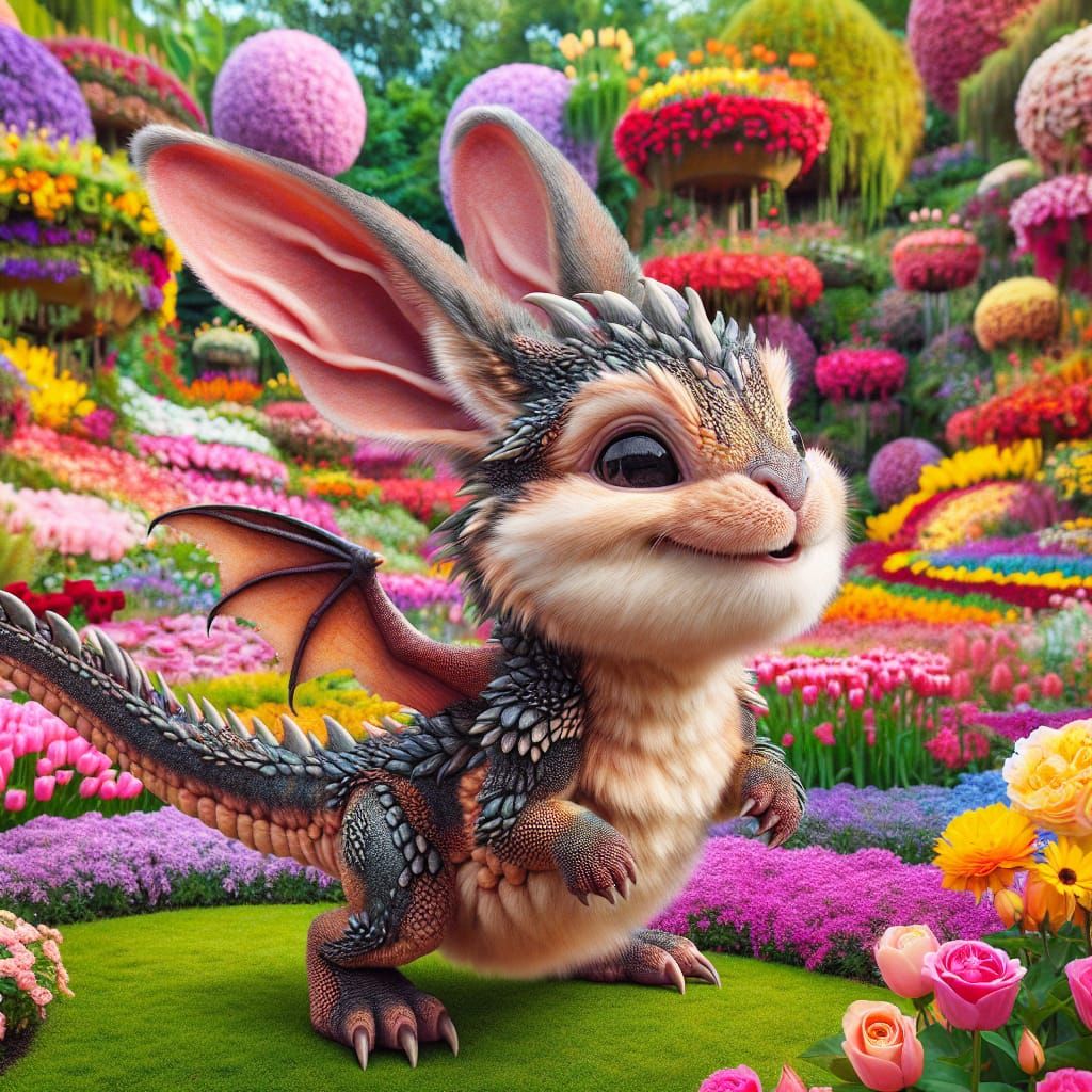 Dragon-Rabbit Hybrid in Vivid Garden, Hyperrealistic Image