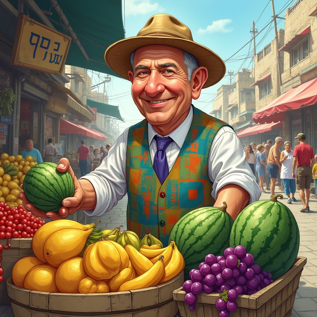 Cartoon Man Selling Fruit at Market Stall