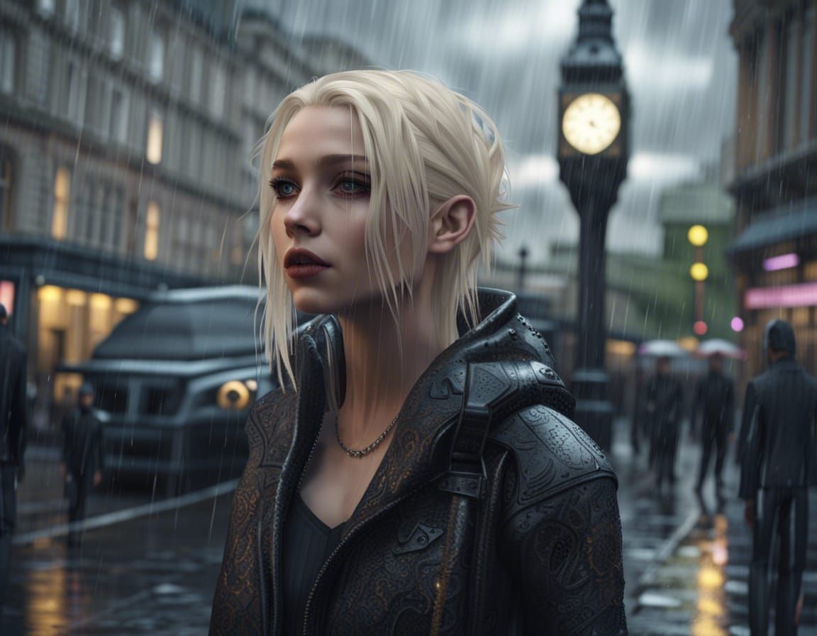British Goth Girl in Dystopian London Rain