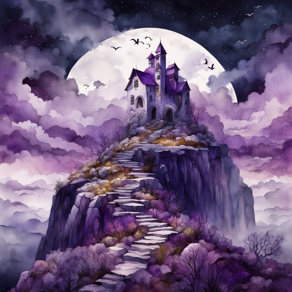 Cliffside Monastery in Deep Purple Watercolor Illustration