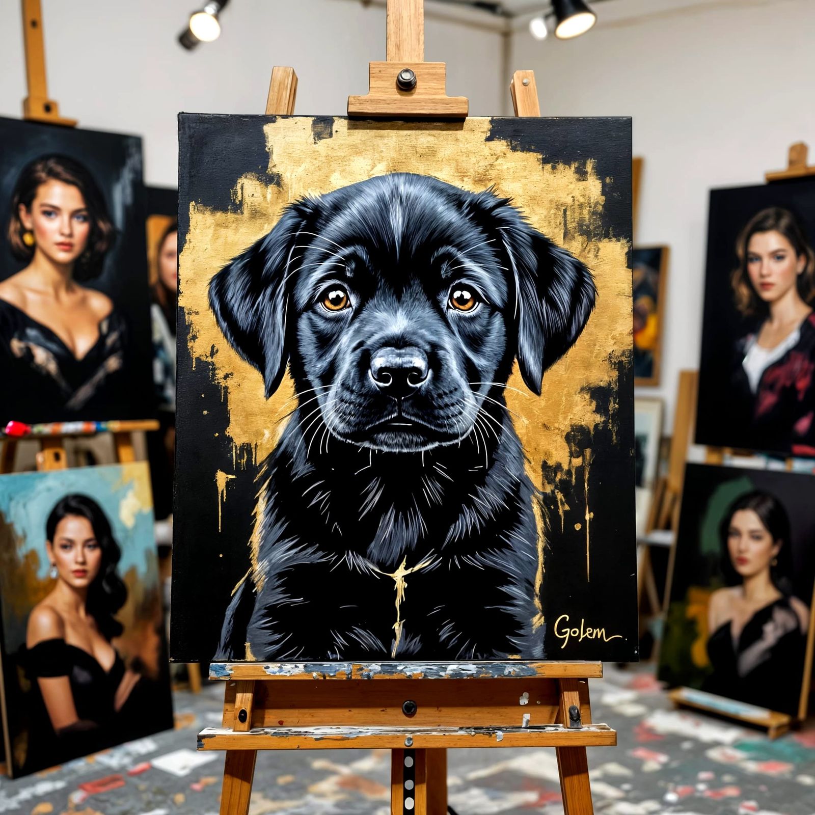 Black Labrador Puppy Painting with Gold Highlights