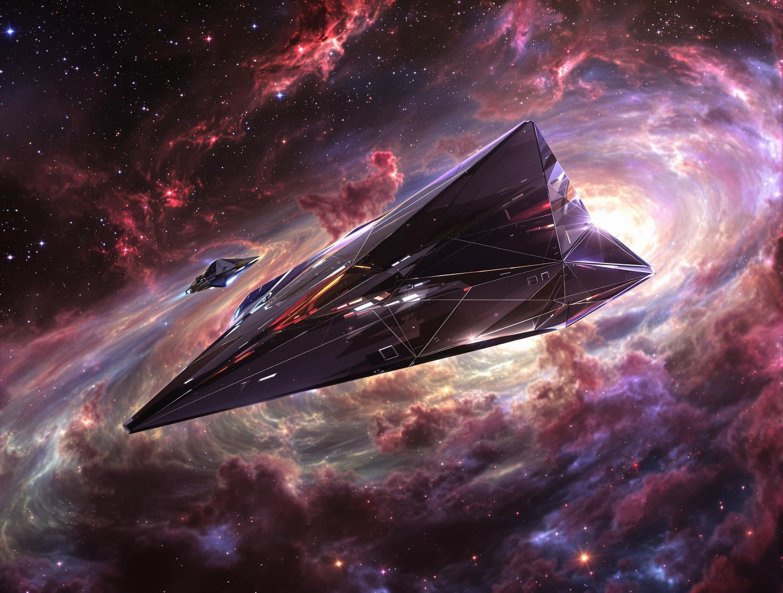 Tetrahedron Starship Glides Through Cosmic Nebula