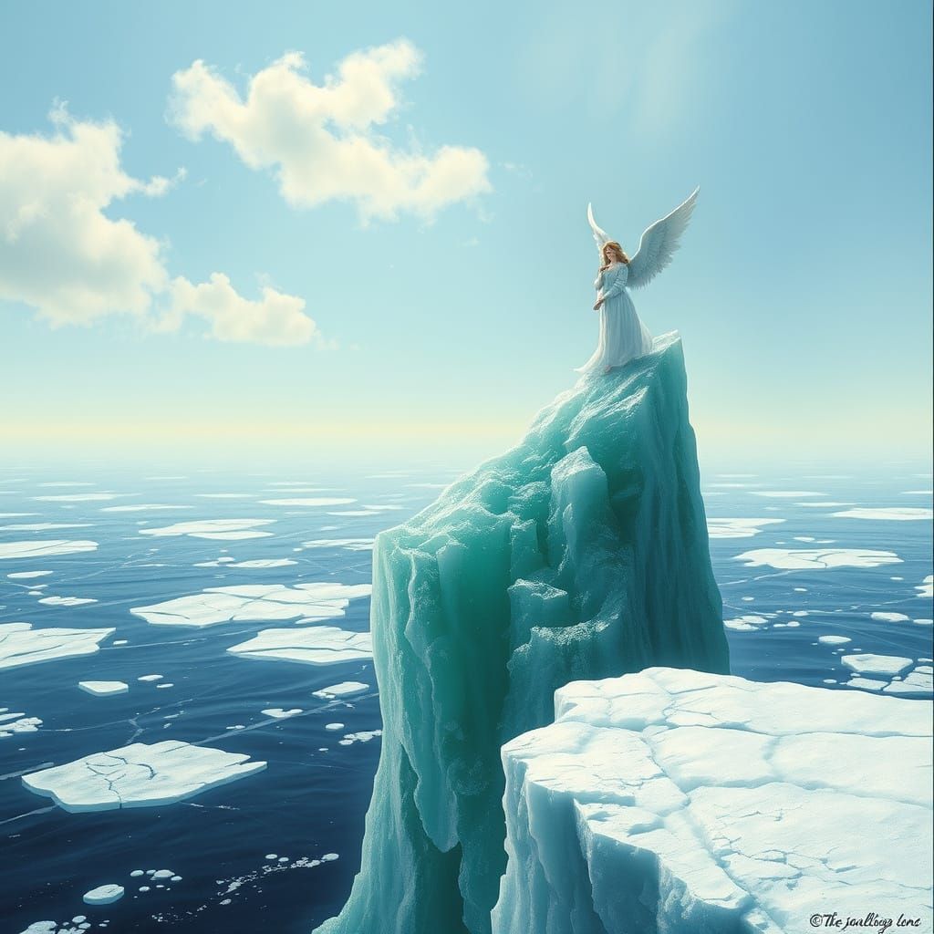 Angel Standing on Emerald Iceberg in Dreamlike Scene
