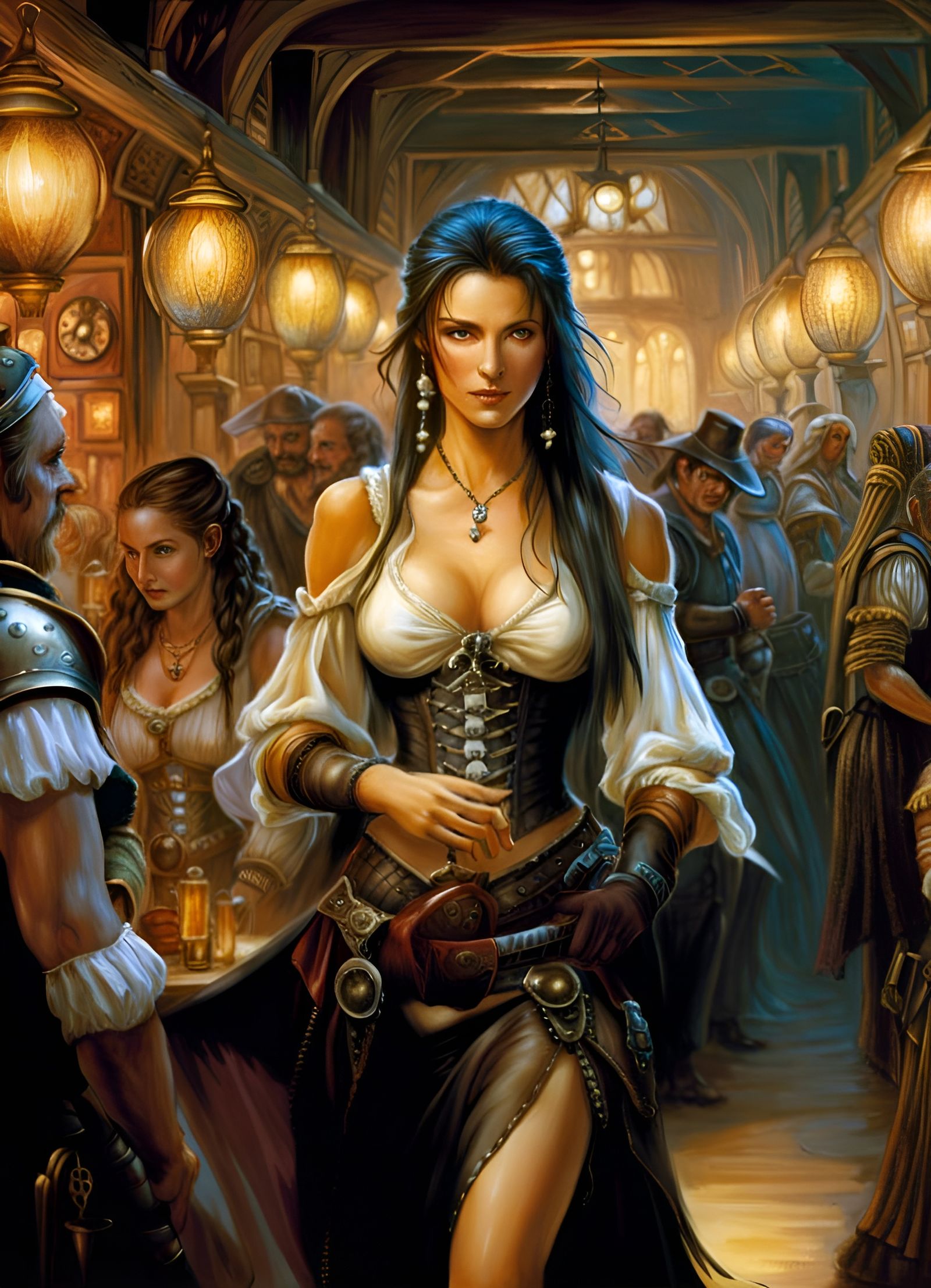 Dark Fantasy Wench in Crowded Tavern, Hyperrealistic Digital...