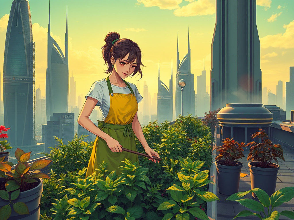 Rooftop Garden in Futuristic Cityscape, Anime Style