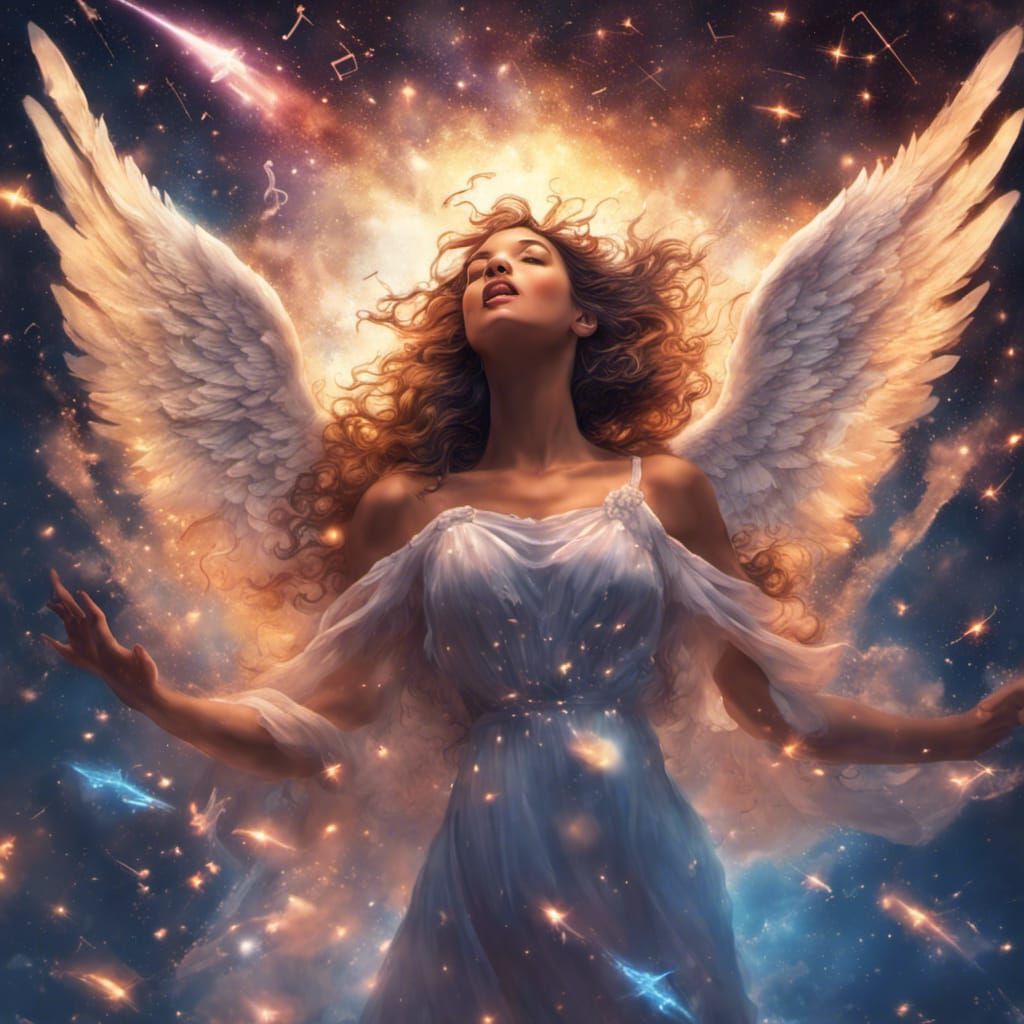 Angelic Singer Amidst Shooting Stars: Hyperrealistic Art