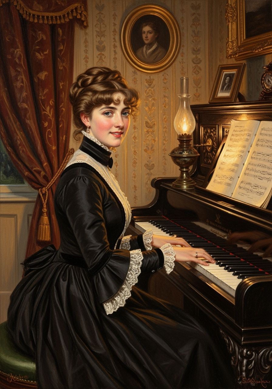 Victorian Woman Playing Piano, Oil on Canvas Painting