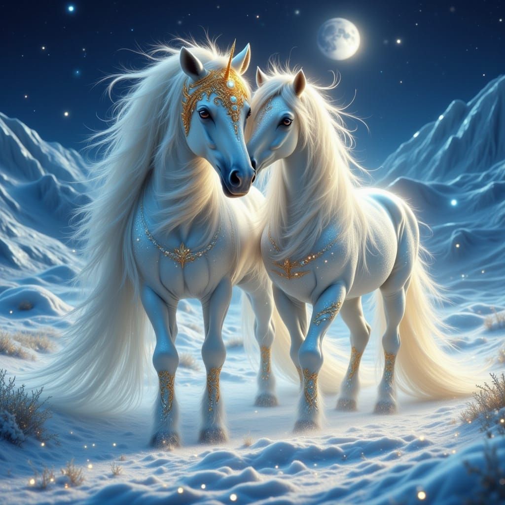 Majestic Arabian Horse and Unicorn in Snowy Landscape
