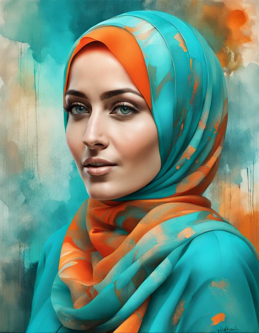Dreamy Portrait of Hijabi Woman in Pop Art Style