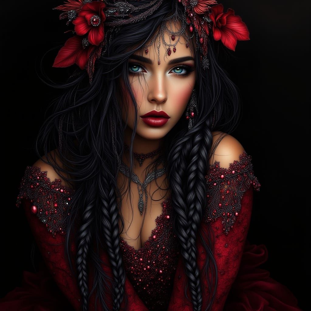 Dark Fantasy Portrait: Elegant Woman with Long Black Braided...
