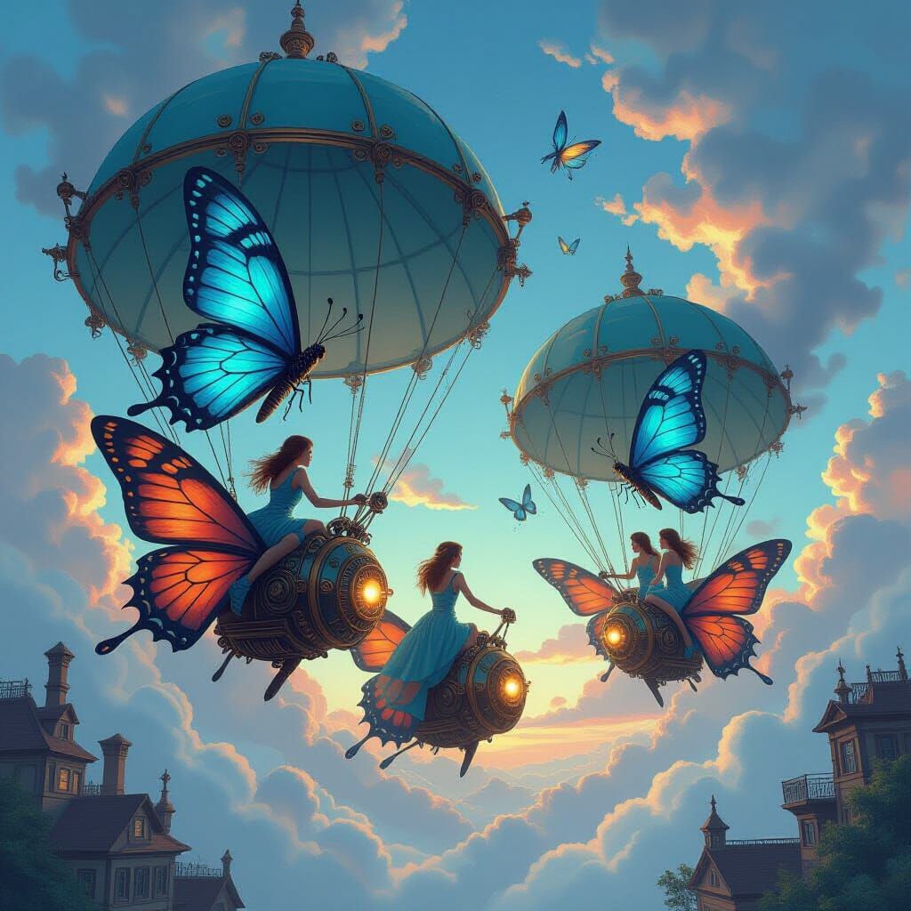 Women Ride Giant Butterflies Amidst Steampunk Skies