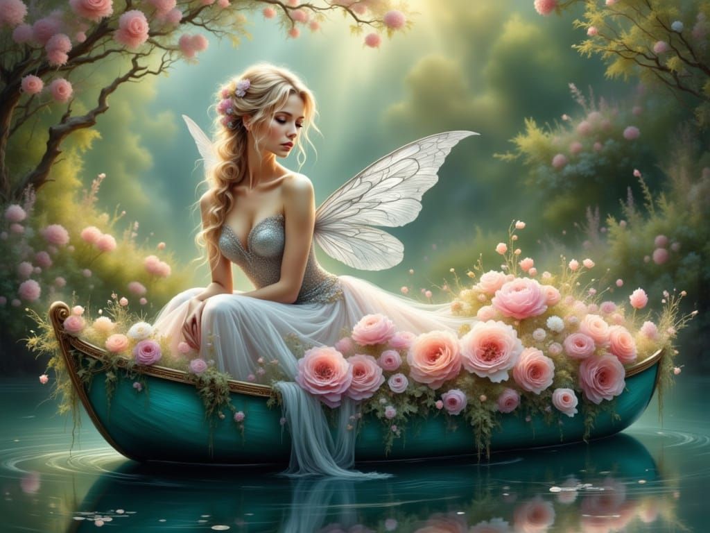Ethereal Fairy in a Vintage Boat Amidst Whimsical Bloom