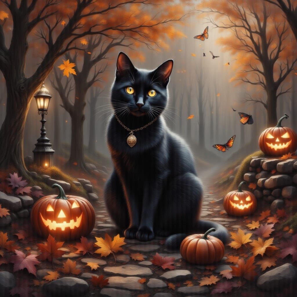 Black Cat in Autumn Halloween Season