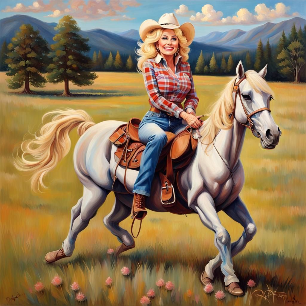 Dolly Parton Rides a Horse: Colorful Oil Painting