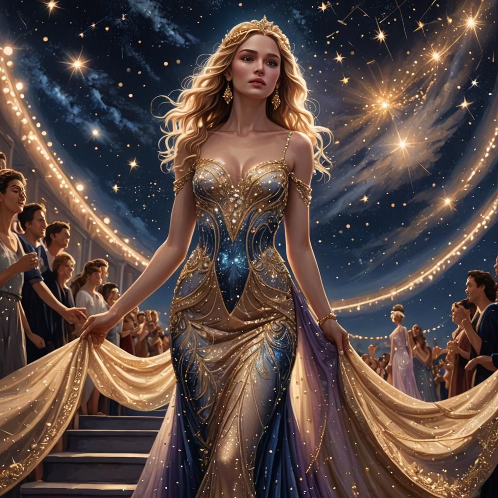 Aphrodite's Starry Ramp Walk: Hyper-Realistic Digital Art