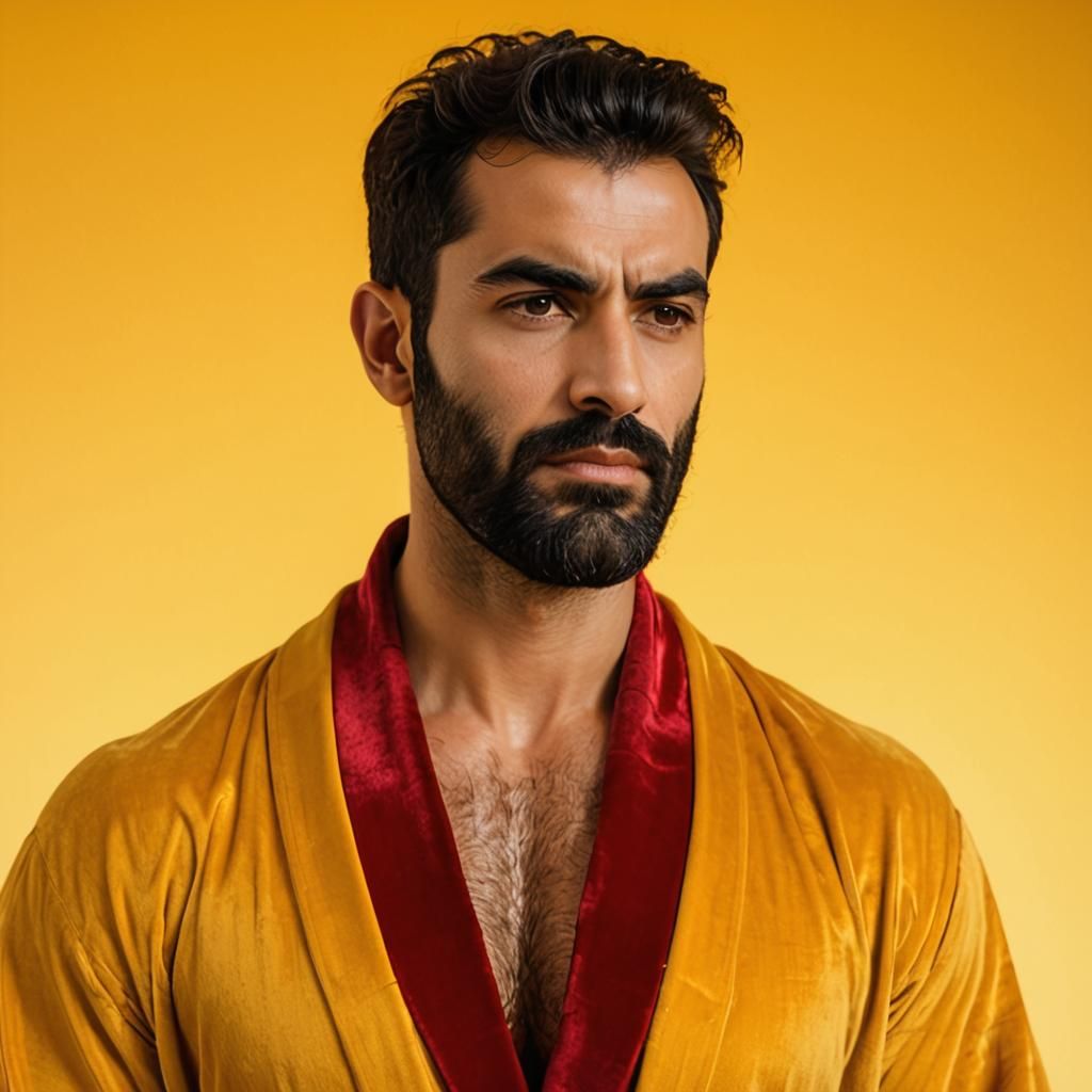 Hirsute Man in Gouache Style With Velvet Robe