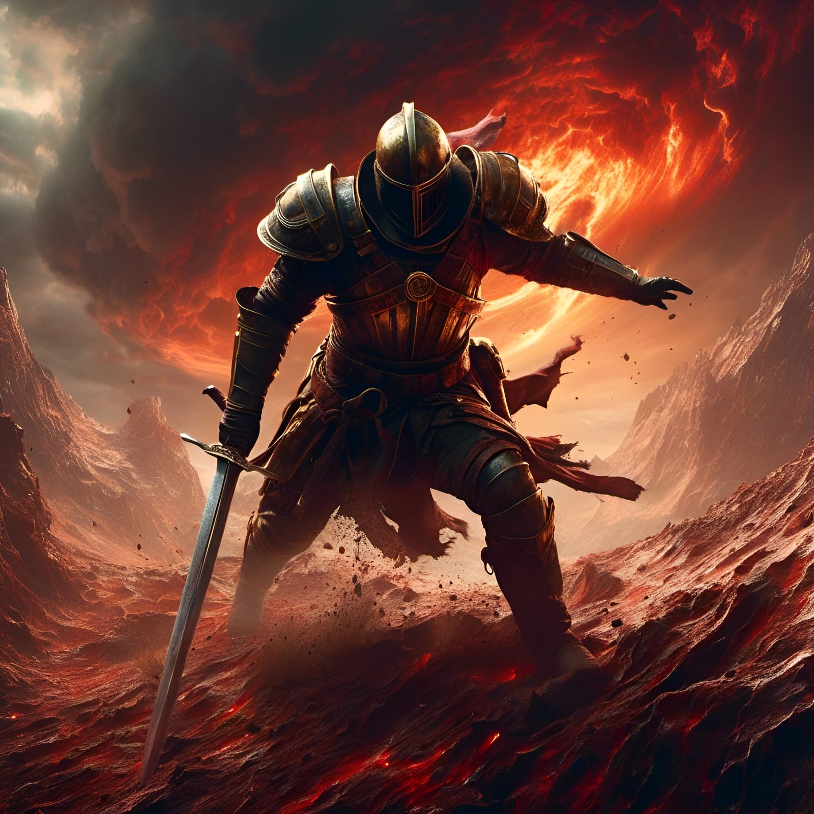 Medieval Soldier Landing with Golden Runes, 3D Render