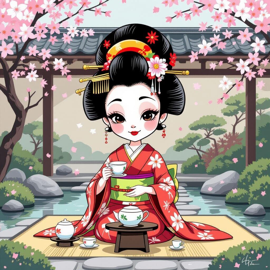Exaggerated Geisha Tea Ceremony in Minimalist Garden