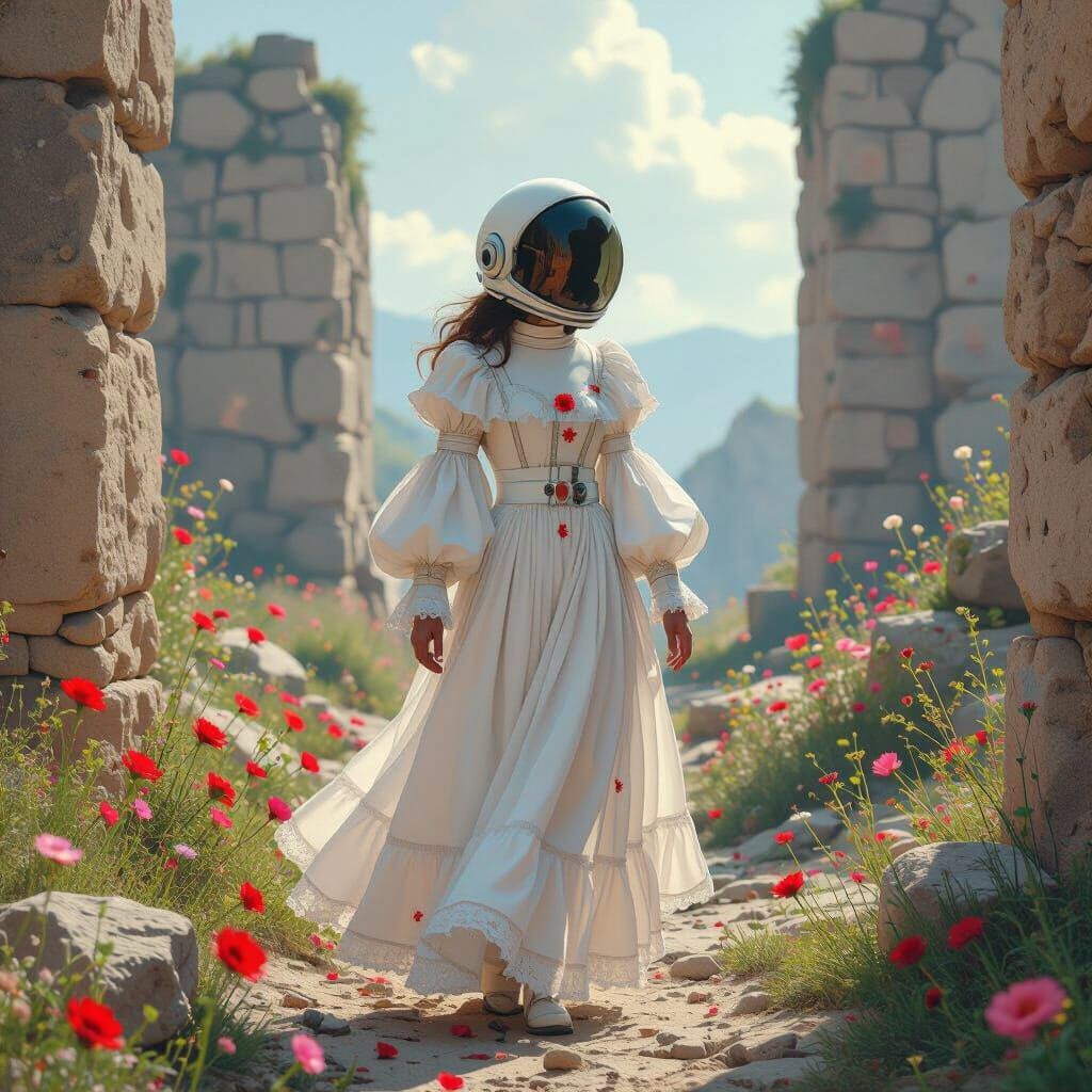 Astronaut in Floral Dress Exploring Ancient Ruins