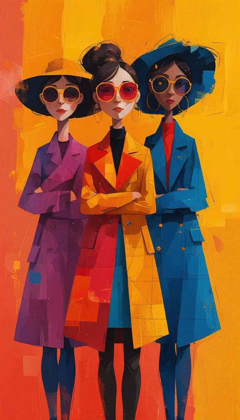 Three Yellow-Outlined Women in Vibrant Illustration Style