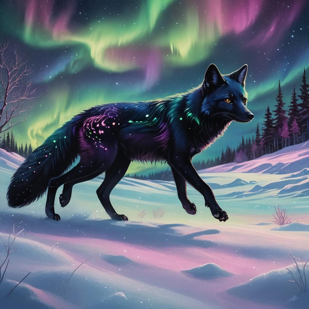 Black Fox Under Aurora: Fantasy Realism Concept Art