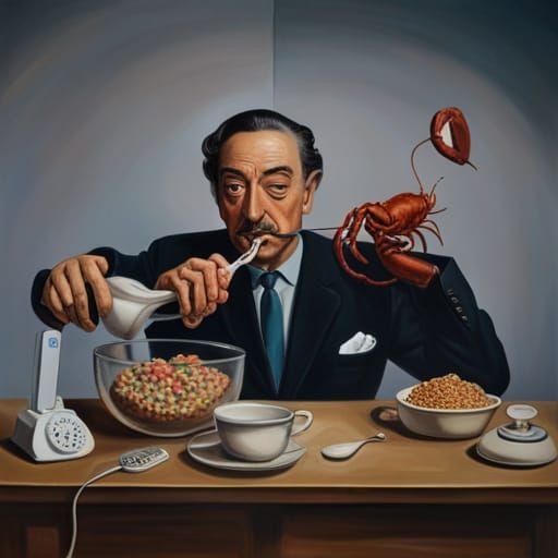 Surreal Self-Portrait with Melting Clock and Lobster