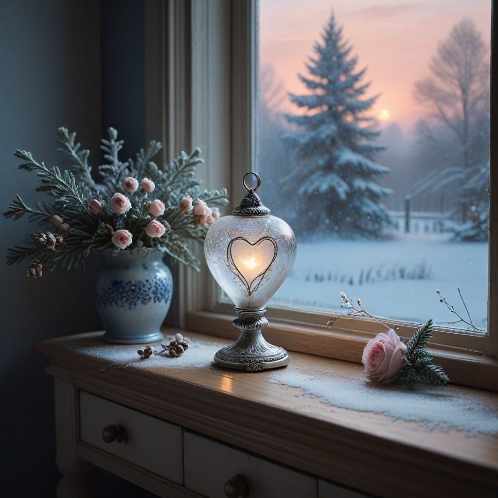 A snow-blanketed landscape stretches out beneath a twilight sky tinged with icy blue and pale pink hues. Fluffy snow pil...