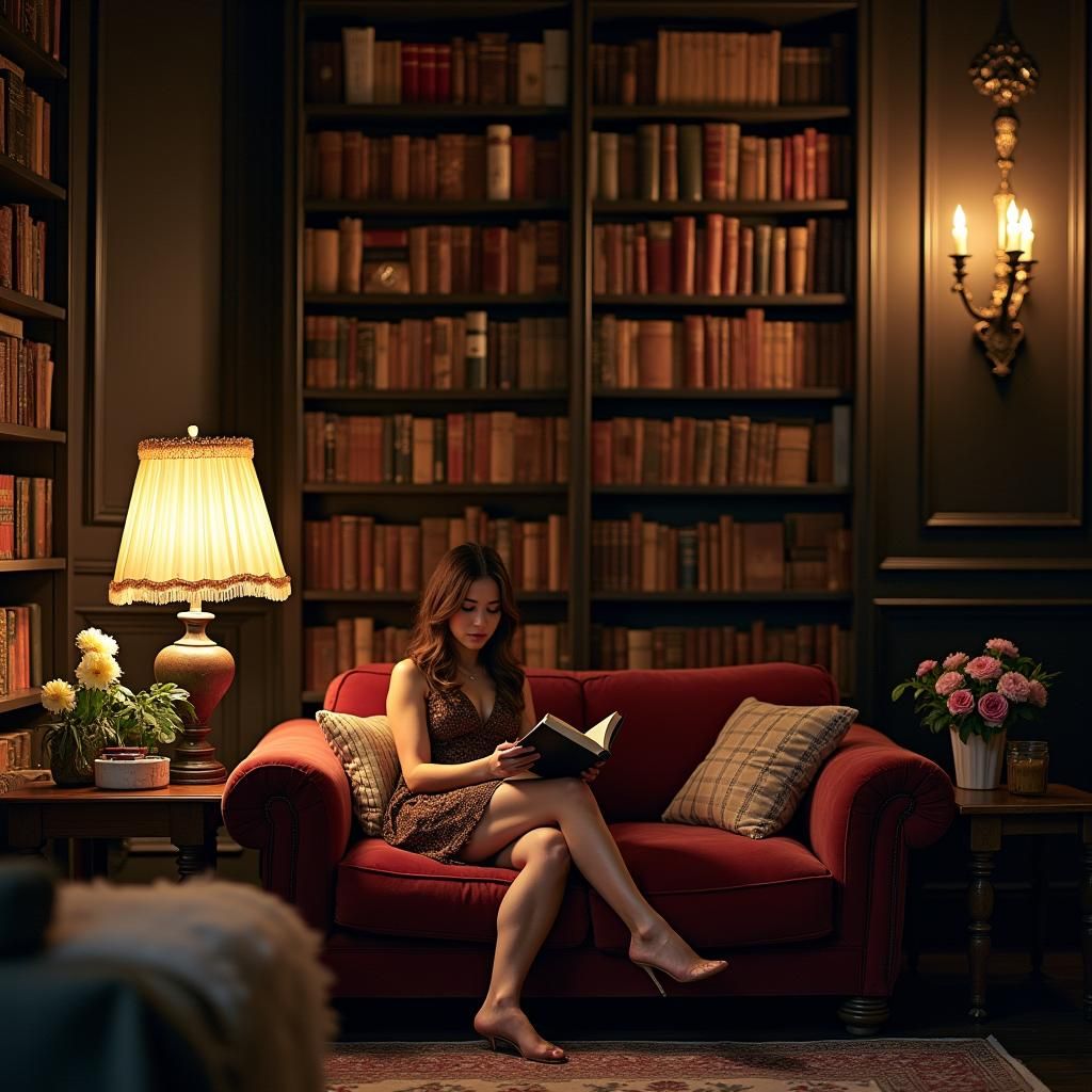 Parisian Loft Library with Woman Reading, Cinematic Style