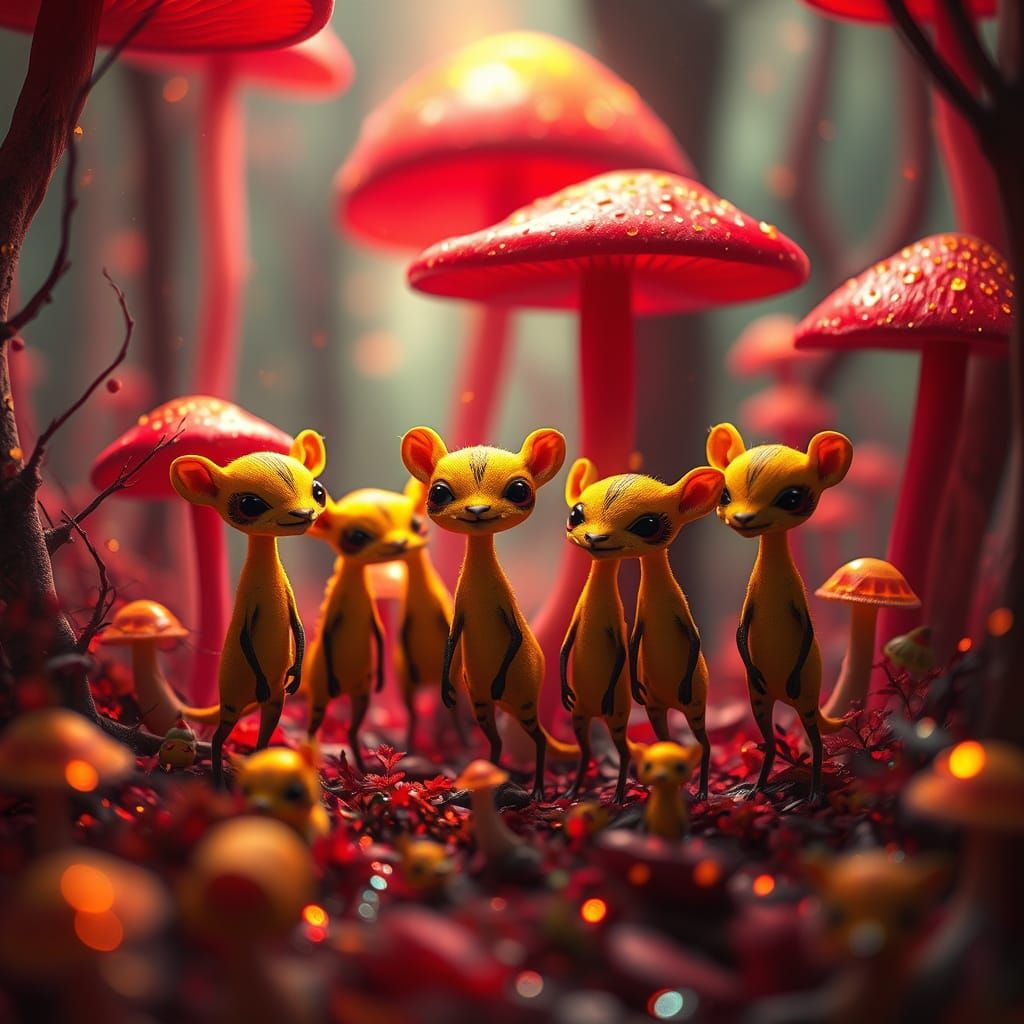 Whimsical Red Mushroom Realm with Enchanted Creatures
