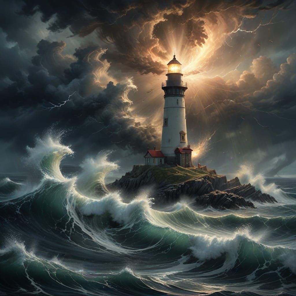 Stormy Seascape with Resolute Lighthouse at Midnight