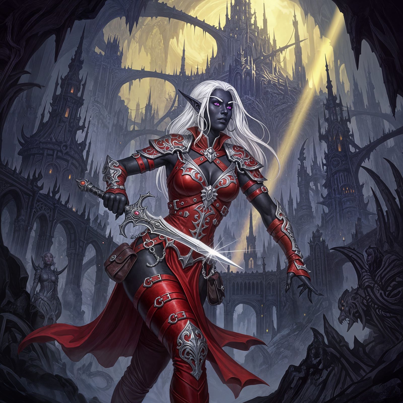 Drow Elf Lost in Damned City, Dark Fantasy Art