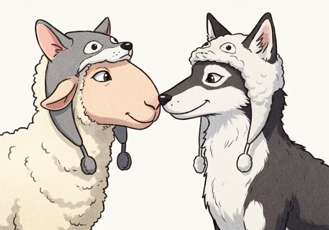 Sheep and Wolf Swap Hats, Smiling