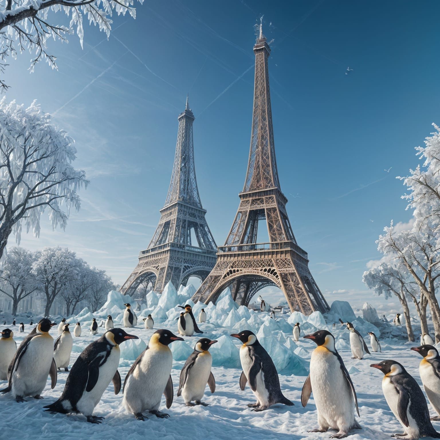 Icy Eiffel Tower with Penguins in Winter, Detailed Painting