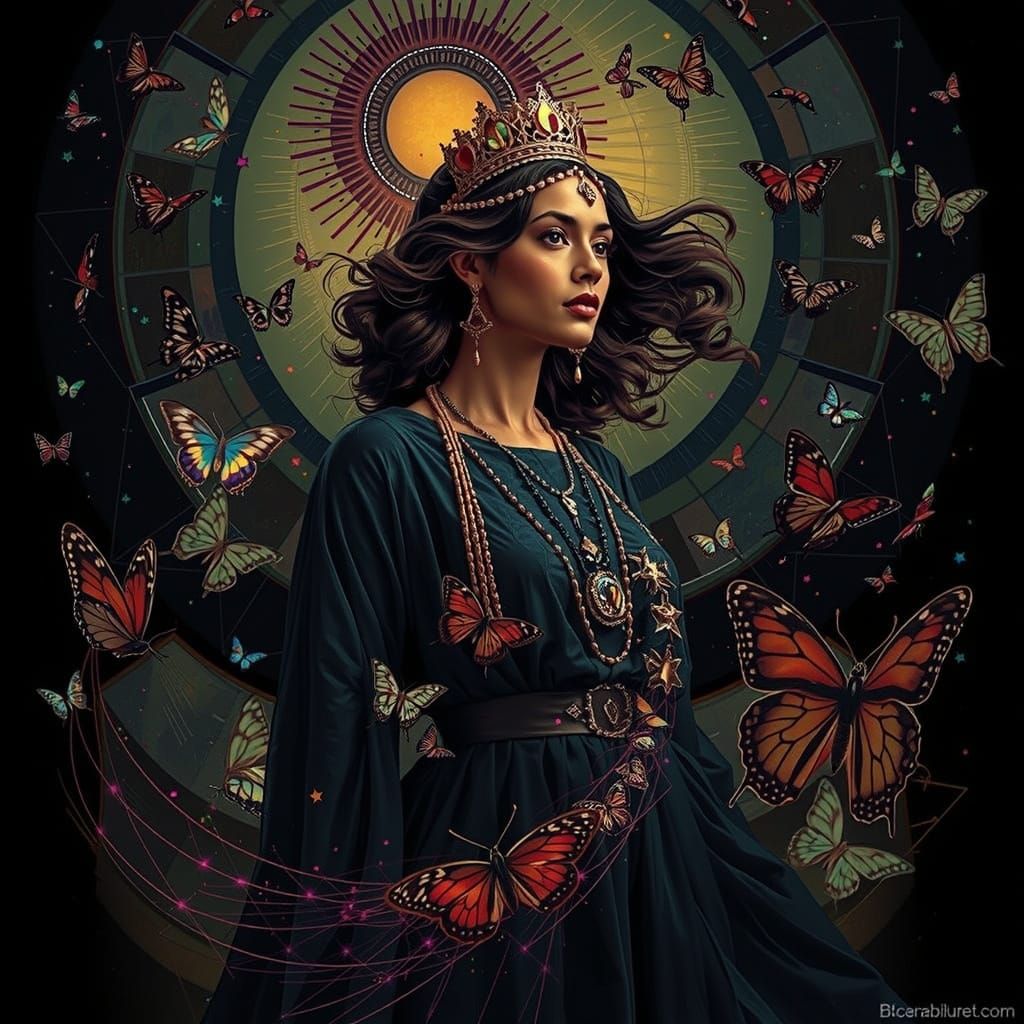 Regal Woman in Psychedelic Vortex with Butterflies