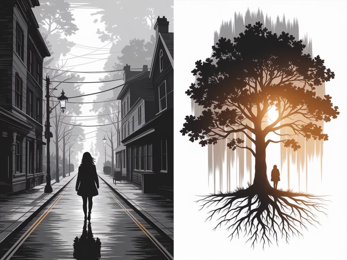 Diptych: Lost Wanderer and Tree of Knowledge in Ink Wash Sty...