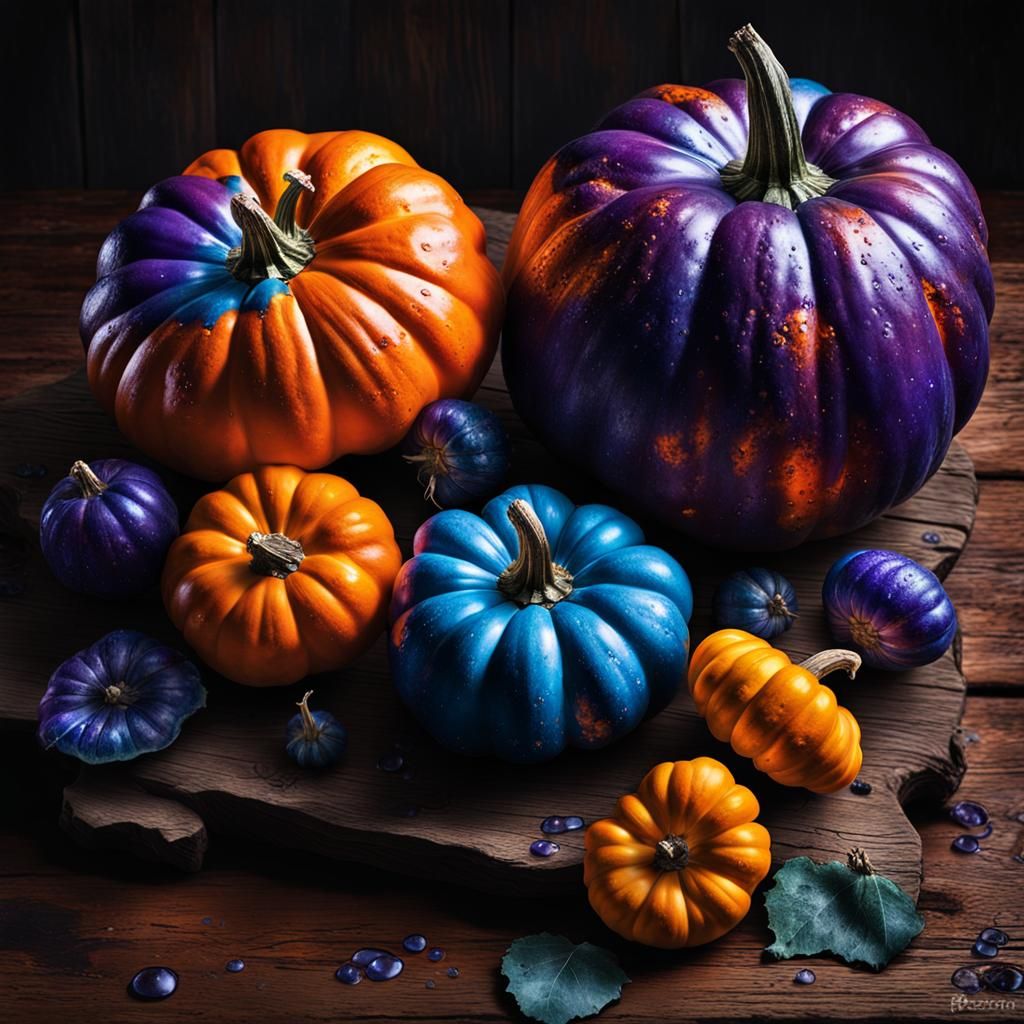 Vibrant Gourds Still Life in Hyperrealistic Style