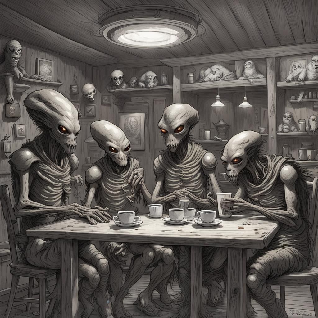 Aliens in Tavern Enjoying Hot Chocolate
