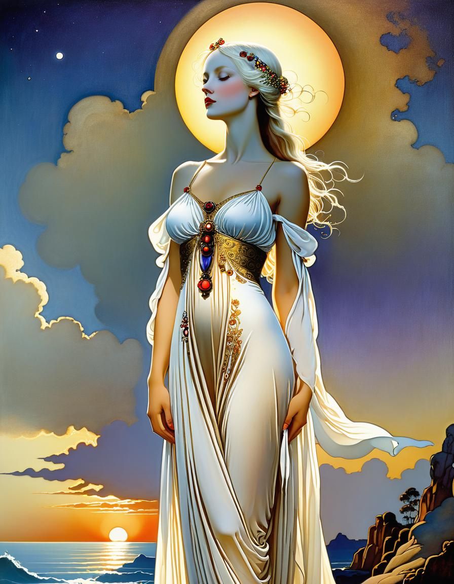 Sunset with Woman in Dress, Golden Age Illustration