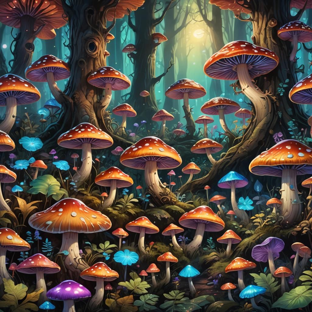 Glowing Mushrooms and Forest Spirits in Art Nouveau Style