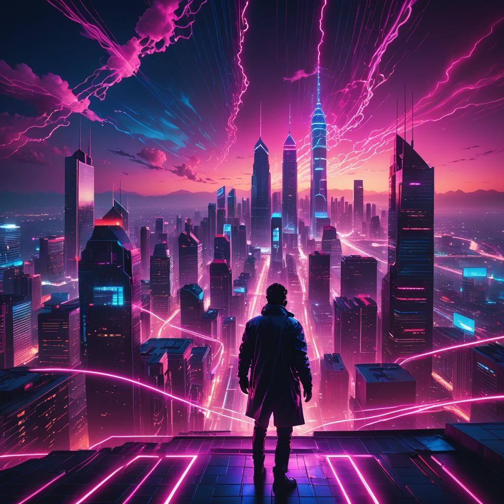 Synthwave Neon Retro: Lone Figure in Cyberpunk Cityscape