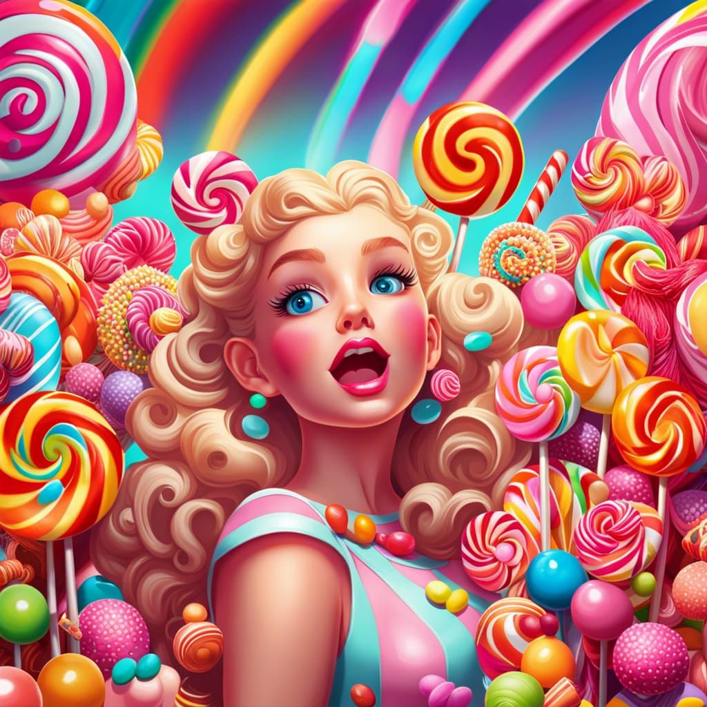 Girl in Candy Store: Hyperrealistic Digital Illustration