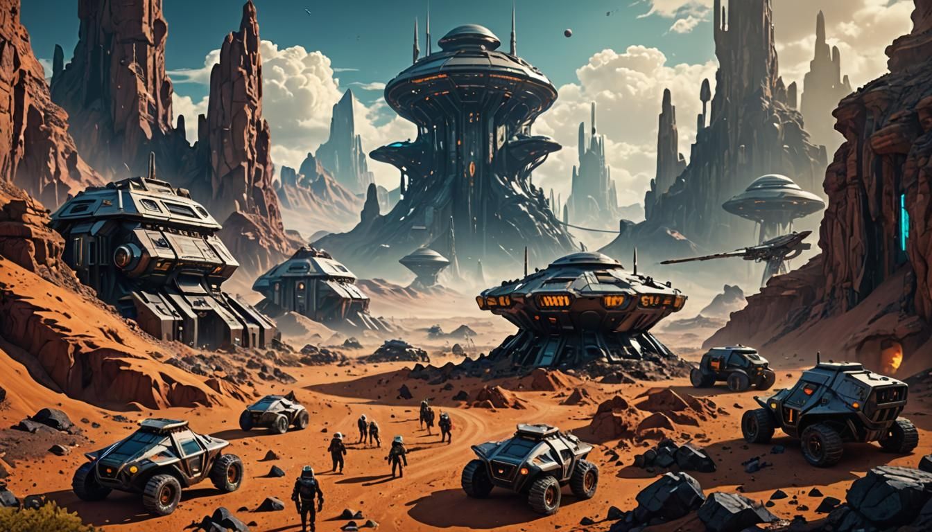 Alien Mining Colony in Retro-Futuristic Style