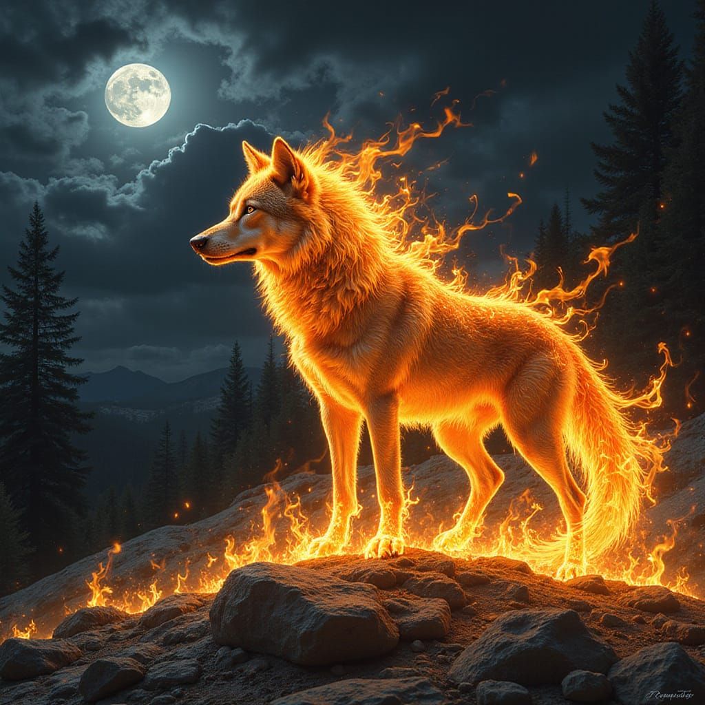 Flaming Wolf in Mystical, High-Contrast Night Scene