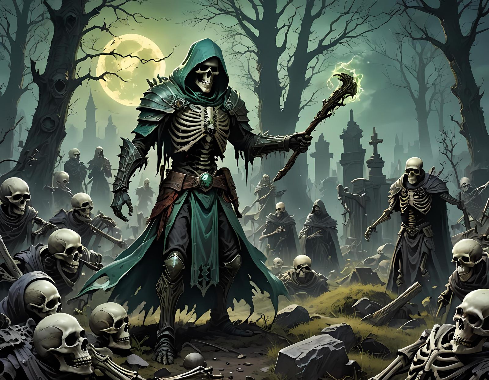 Human Necromancer Casting Viridian Spell in Dark Fantasy