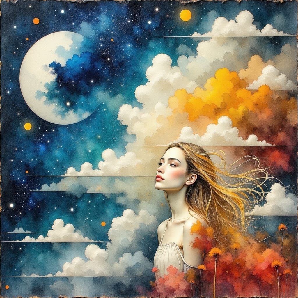 Ethereal Woman Reminiscing Ancient Skies in Dreamscape