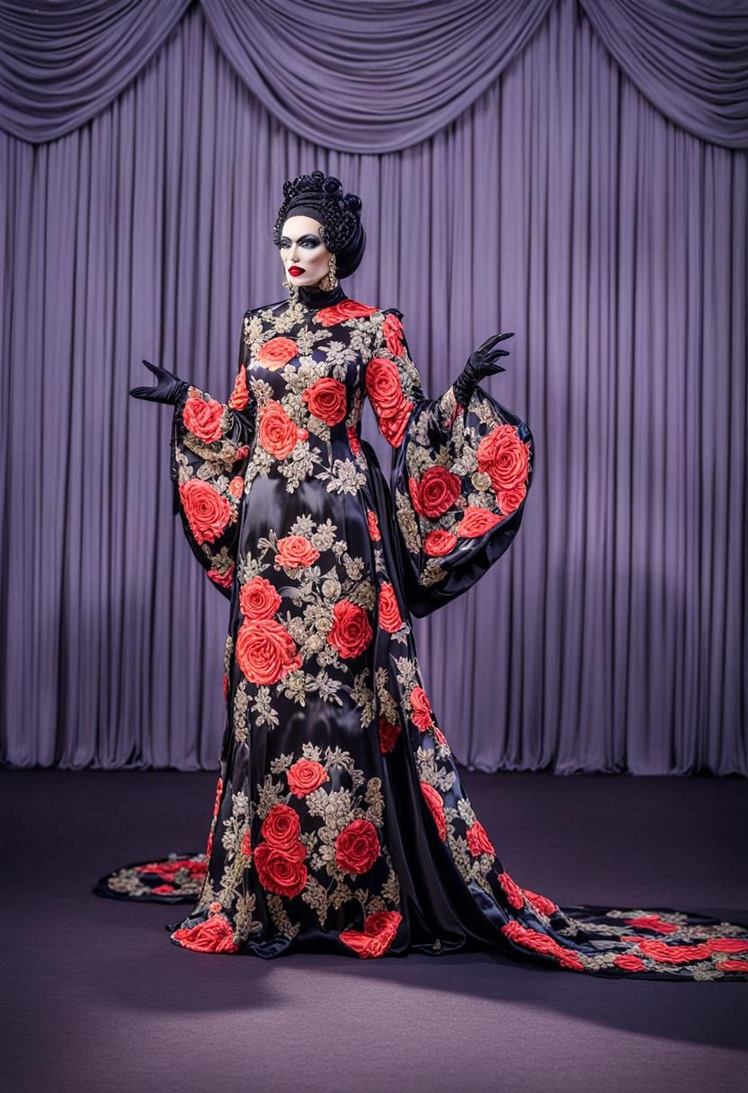 Black Satin Drag Queen in Victorian Mourning Gown