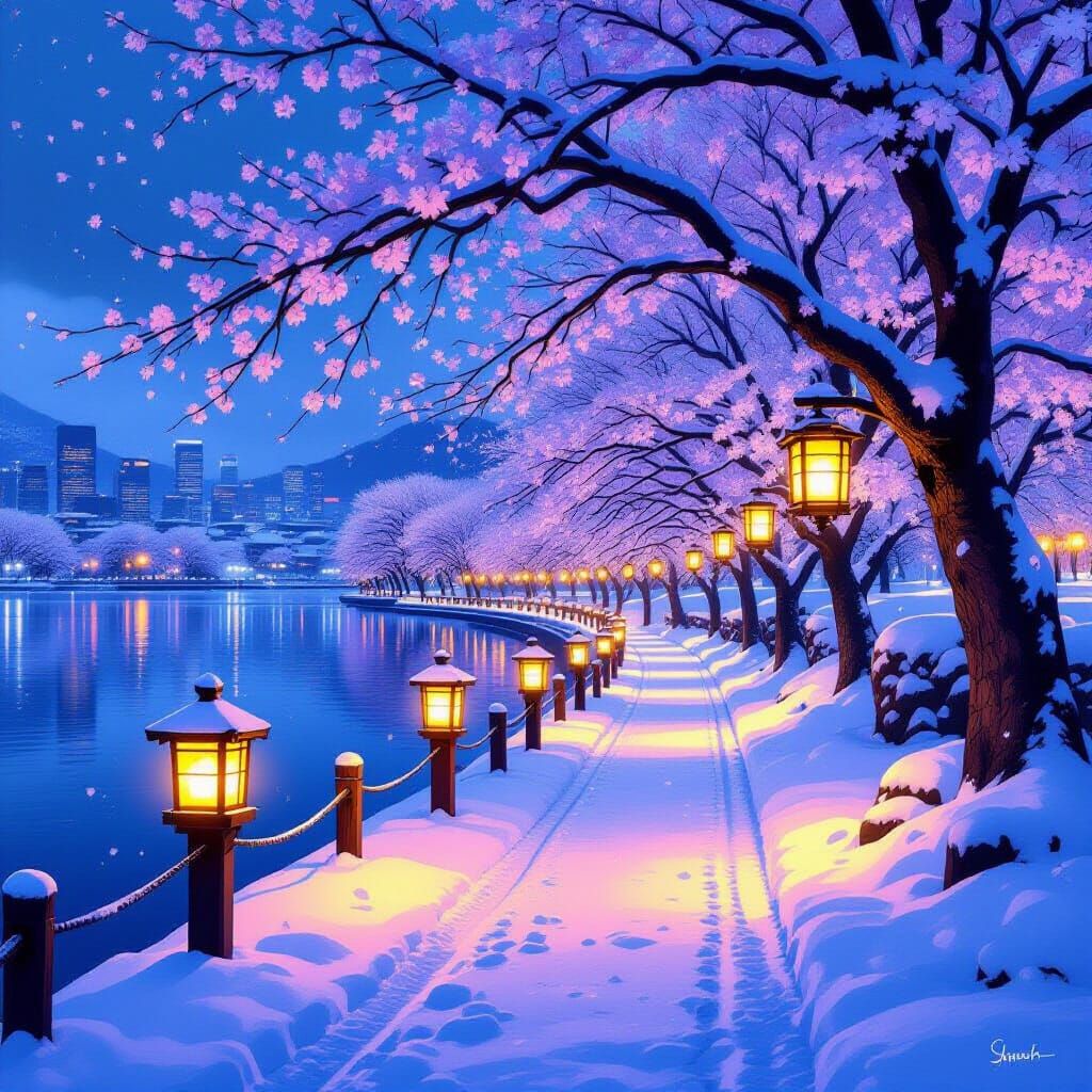 Snowy Lantern Path Under Cherry Blossoms