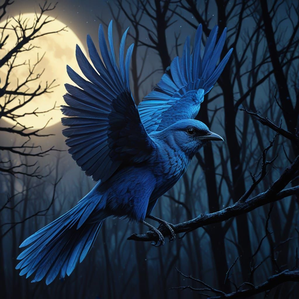 Mystical Blue Bird Takes Flight in Vibrant Fauvist Night Sce...