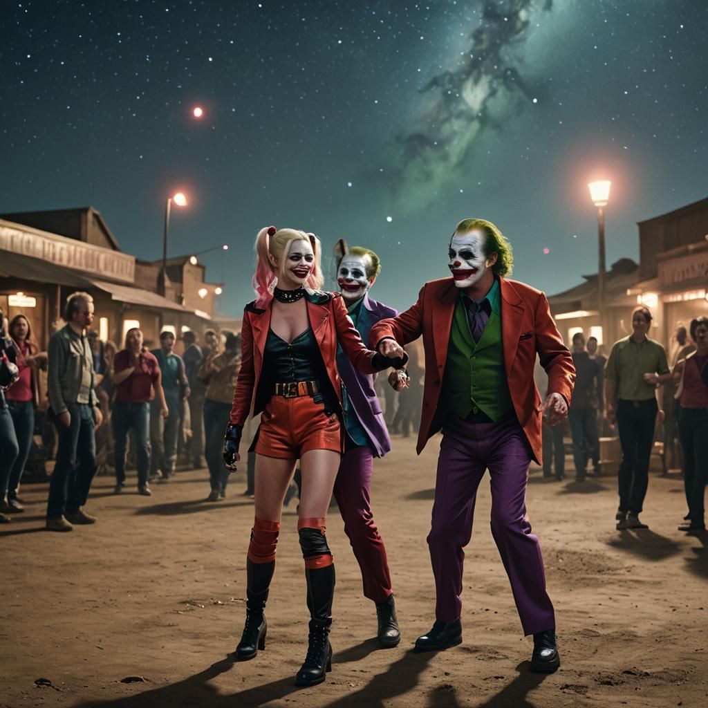 Harley Quinn(s) and The Joker(s).
They are dancing under the stars.