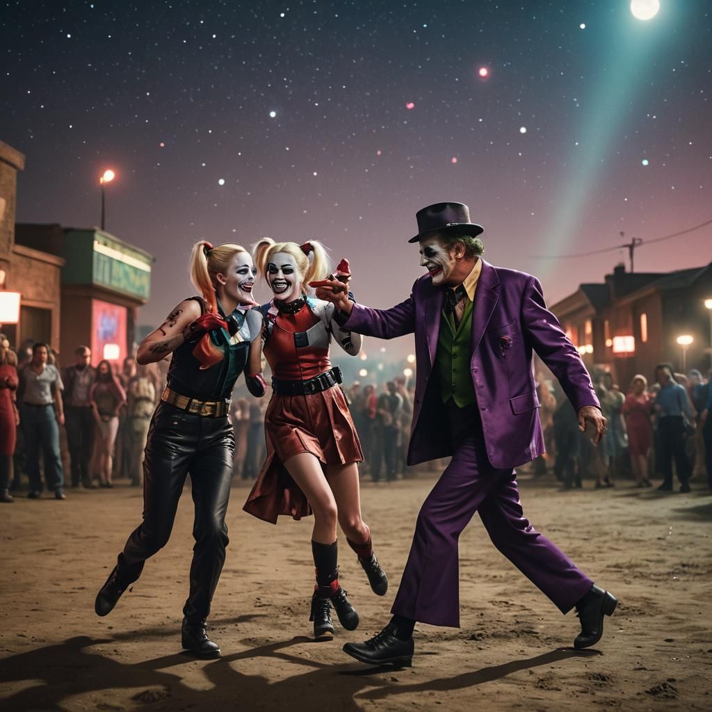 Harley Quinn(s) and The Joker(s).
They are dancing under the stars.